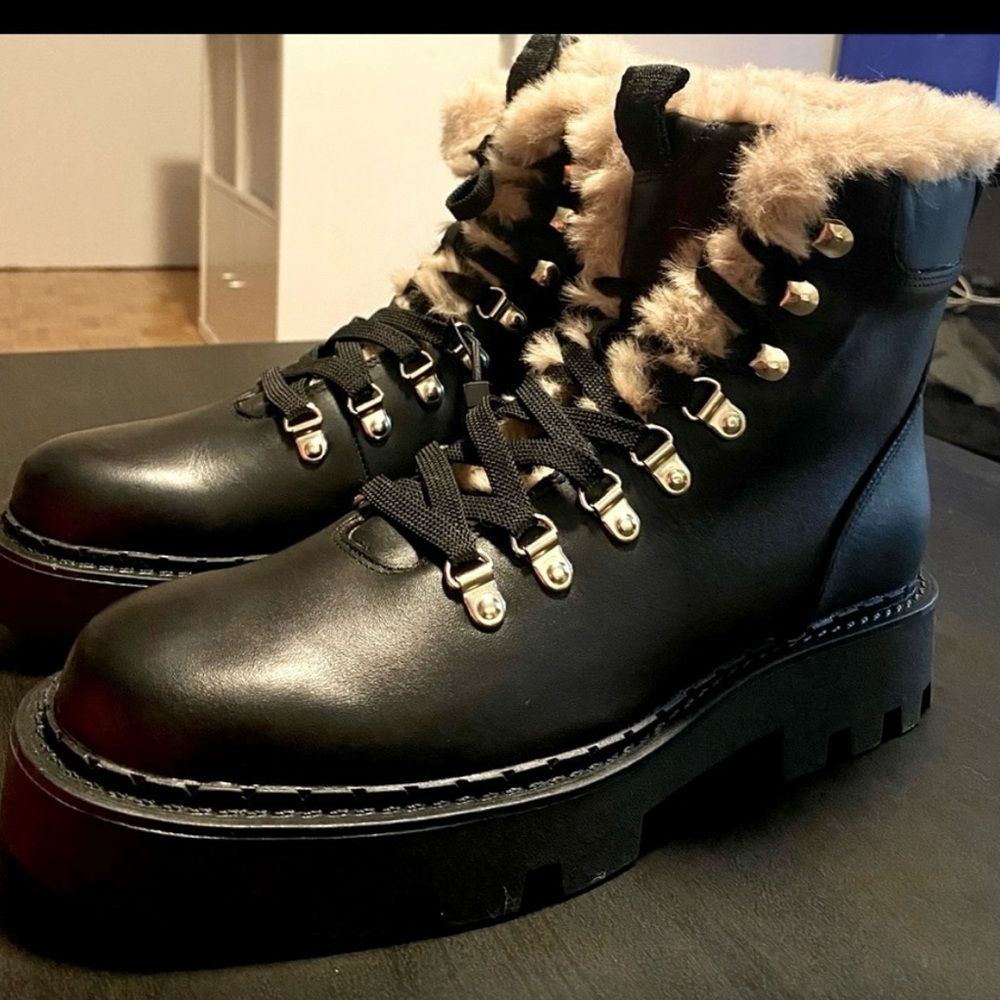 ZARA LEATHER LACE UP FAUX FUR LINED MOUNTAIN ANKLE BOOTS